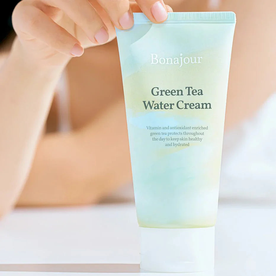 Bonajour Green Tea Water Cream 100ml – Hydrating vegan moisturizer for all skin types in Pakistan. Perfect for soothing, brightening, and balancing oily and combination skin. Shop authentic Korean skincare online at Kobliss.