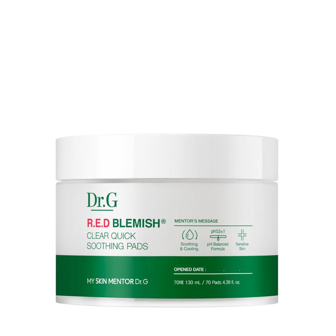 Dr.G Red Blemish Clear Quick Soothing Pads (70EA) with 89% Pennywort extract for deep hydration and instant cooling, Korean skincare for sensitive skin, available in Pakistan